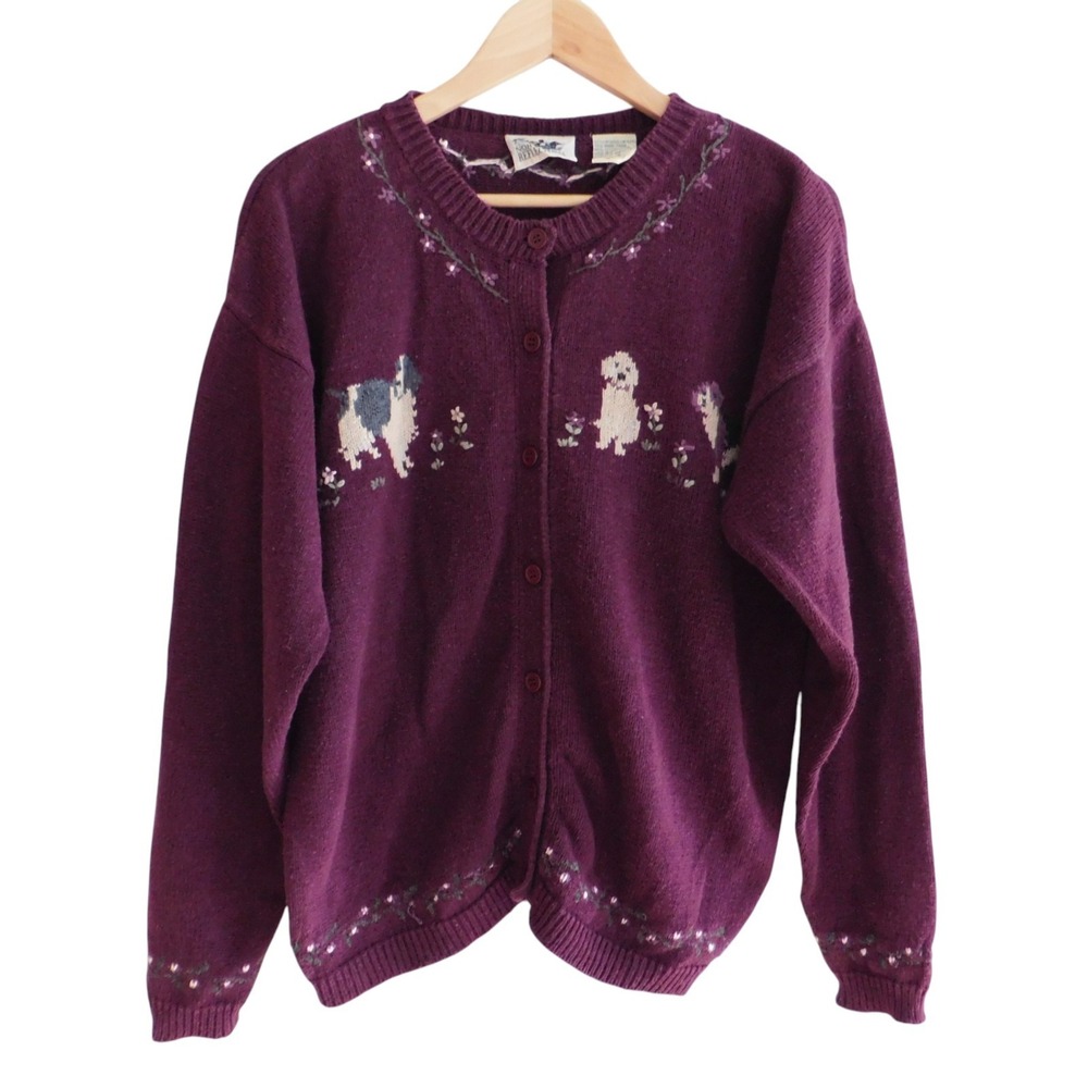 Vtg Northern Reflections Women's Grannycore Dog Sweater Cardigan Purple Sz Large